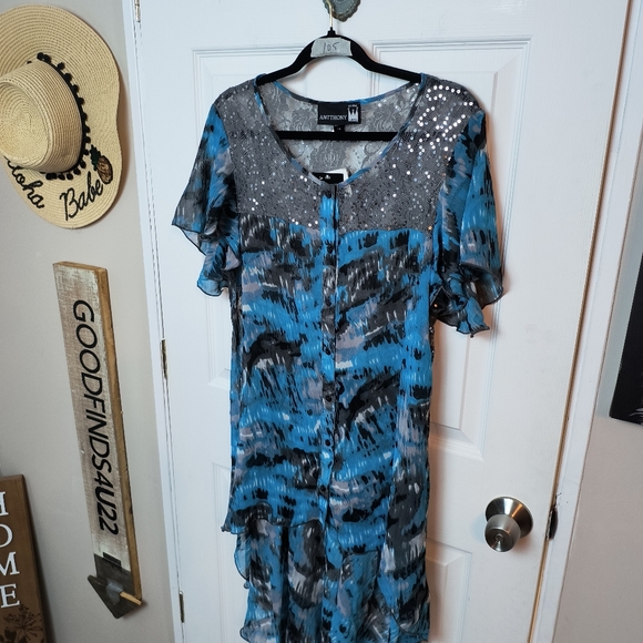 *Original Antthony* Blue Sheer Tunic High low Top Flutter Sleeves 10p - Picture 2 of 9